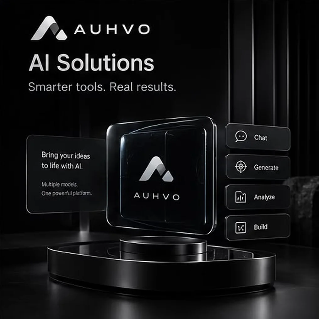 AUHVO AI Solutions — the AUHVO mark on a glass display with chat, generate, analyze and build tools