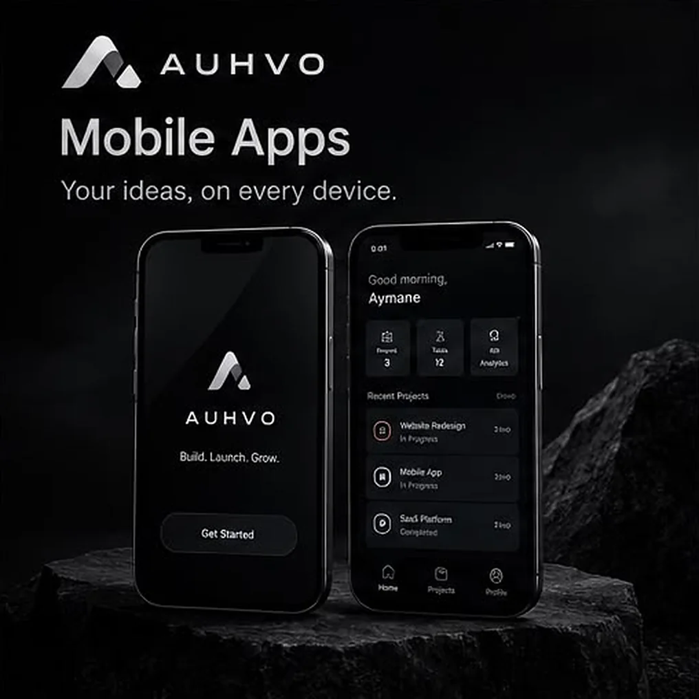 AUHVO Mobile Apps — two phones showing an AUHVO app, on every device