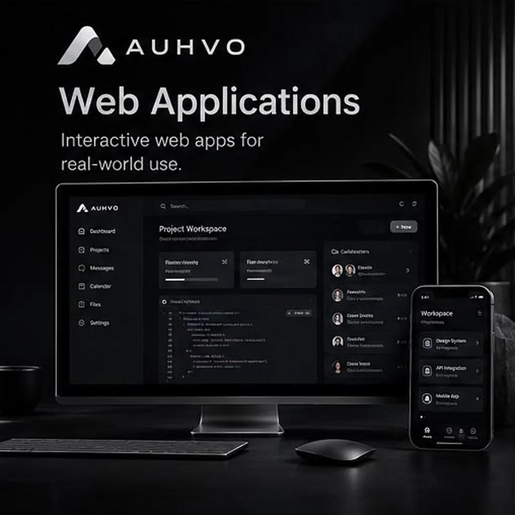 AUHVO Web Applications — a project workspace on a desktop monitor and phone